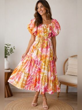 Aleeza Paris Floral Puff-Sleeve Midi Dress — Pink, Yellow & White Size Medium